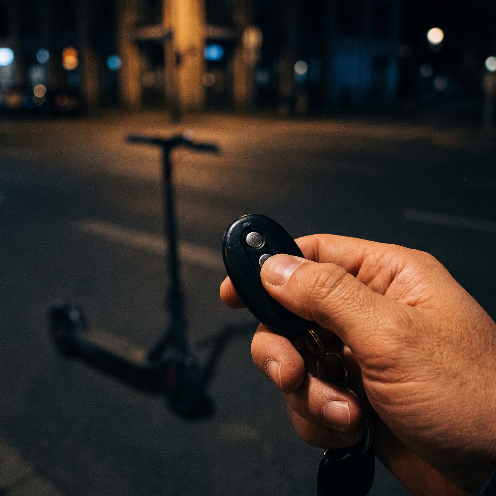 Armement à distance de l'alarme avec la télécommande porte-clés, trottinette électrique en arrière-plan