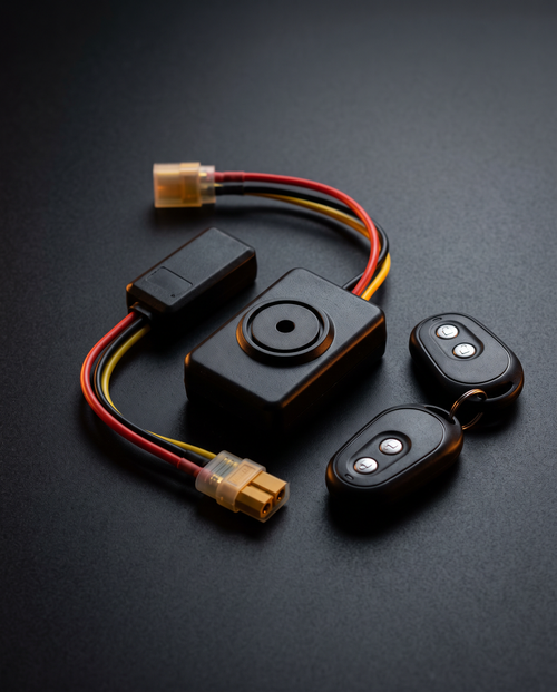 Kit alarme antivol dissimulée Ombra : boîtier buzzer, module de coupure d'alimentation, connecteurs XT60 et deux télécommandes