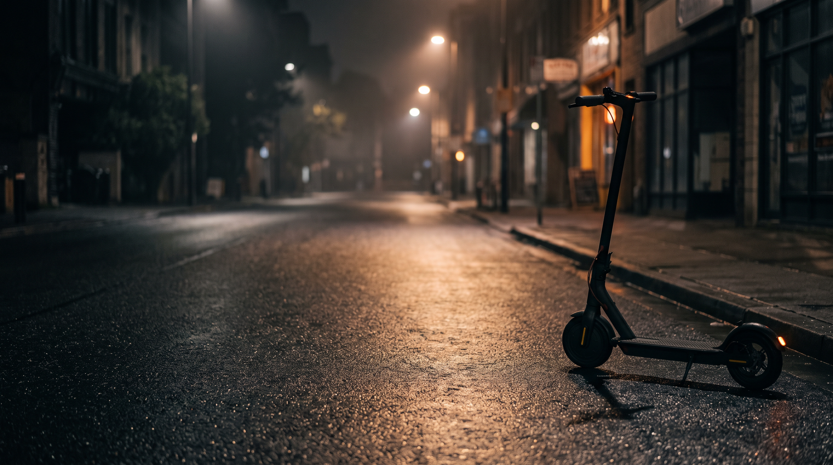 Trottinette électrique garée dans une rue urbaine la nuit, éclairage ambré et chaussée mouillée